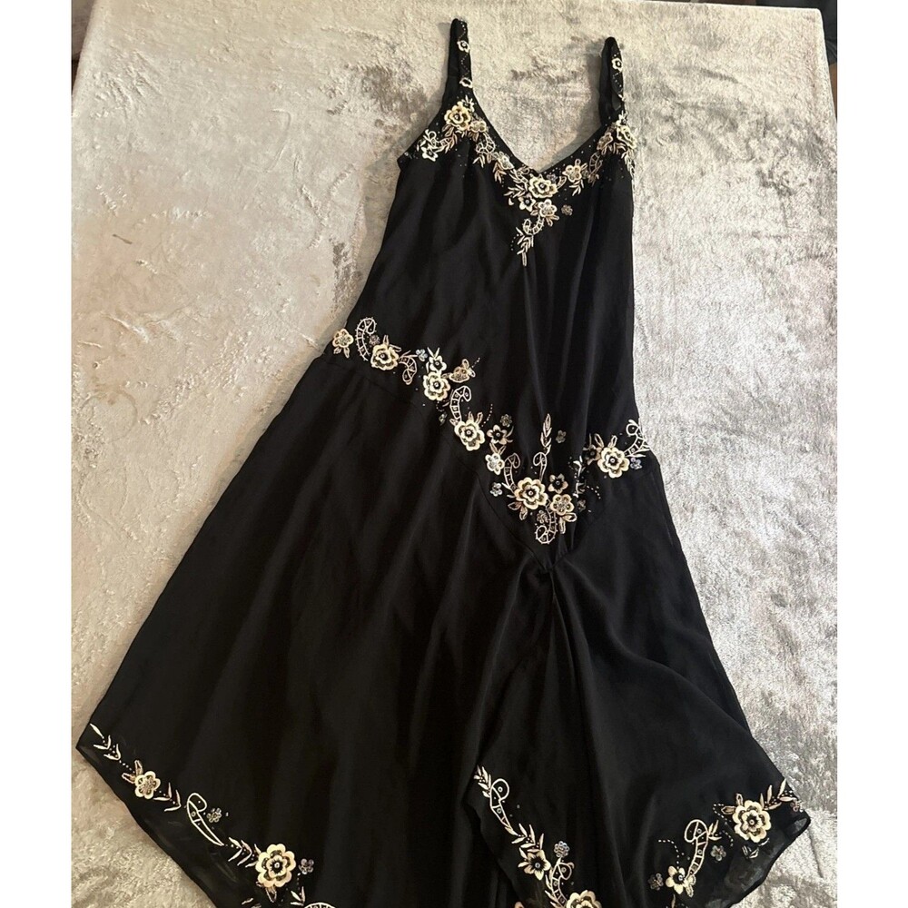 R&M Richards Dress Sz10 Black Floral Embroidered Beaded  Whimsigoth  Dark Fairy*
